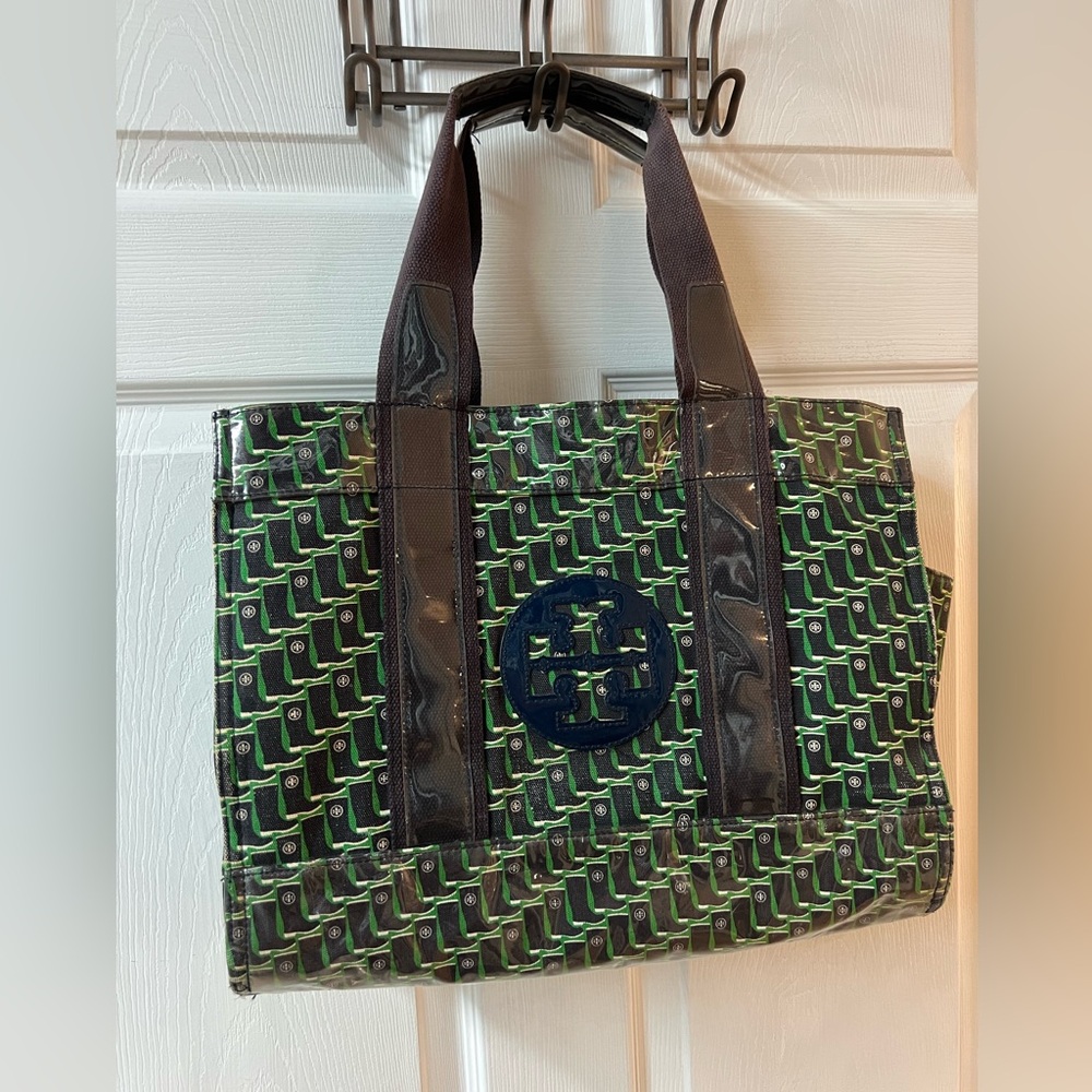 Tory Burch Rain Boot Patterned Green and Brown Tote